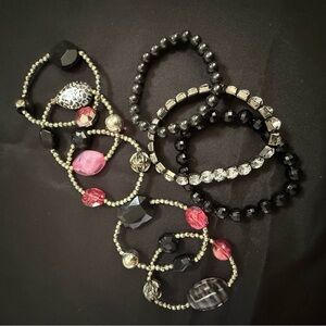 Multi-Strand Black and Pink Beaded Bracelet Set